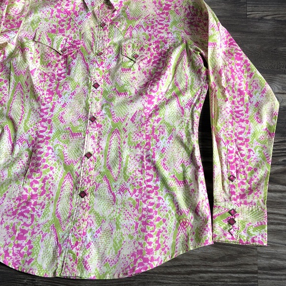 Ariat Womens Snap Front Long Sleeve Western Shirt Pink Green Rodeo Cowgirl - Picture 4 of 15